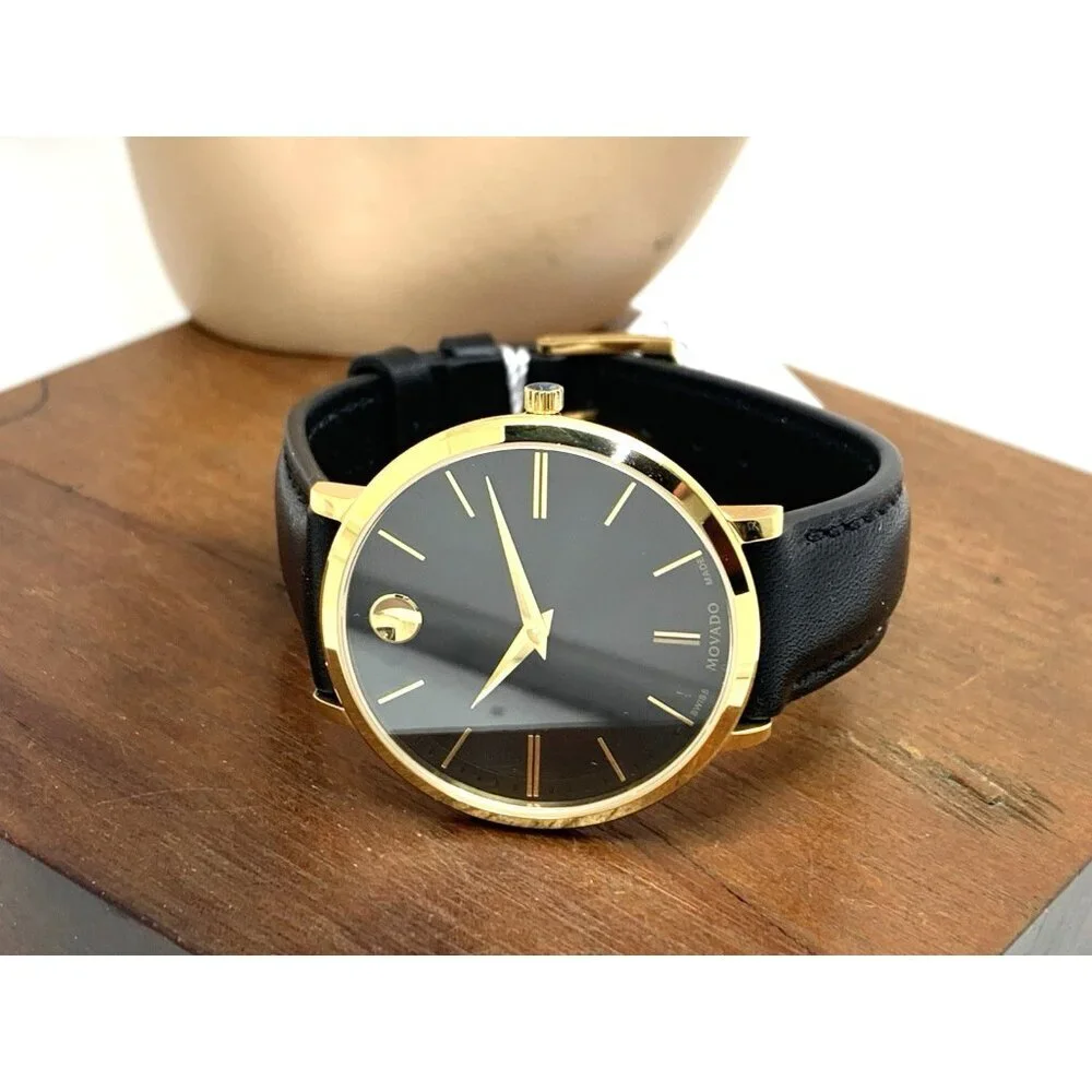 Movado Womens Watch 0607091 Ultra Slim Black Dial Swiss Quartz Gold Leather 35mm